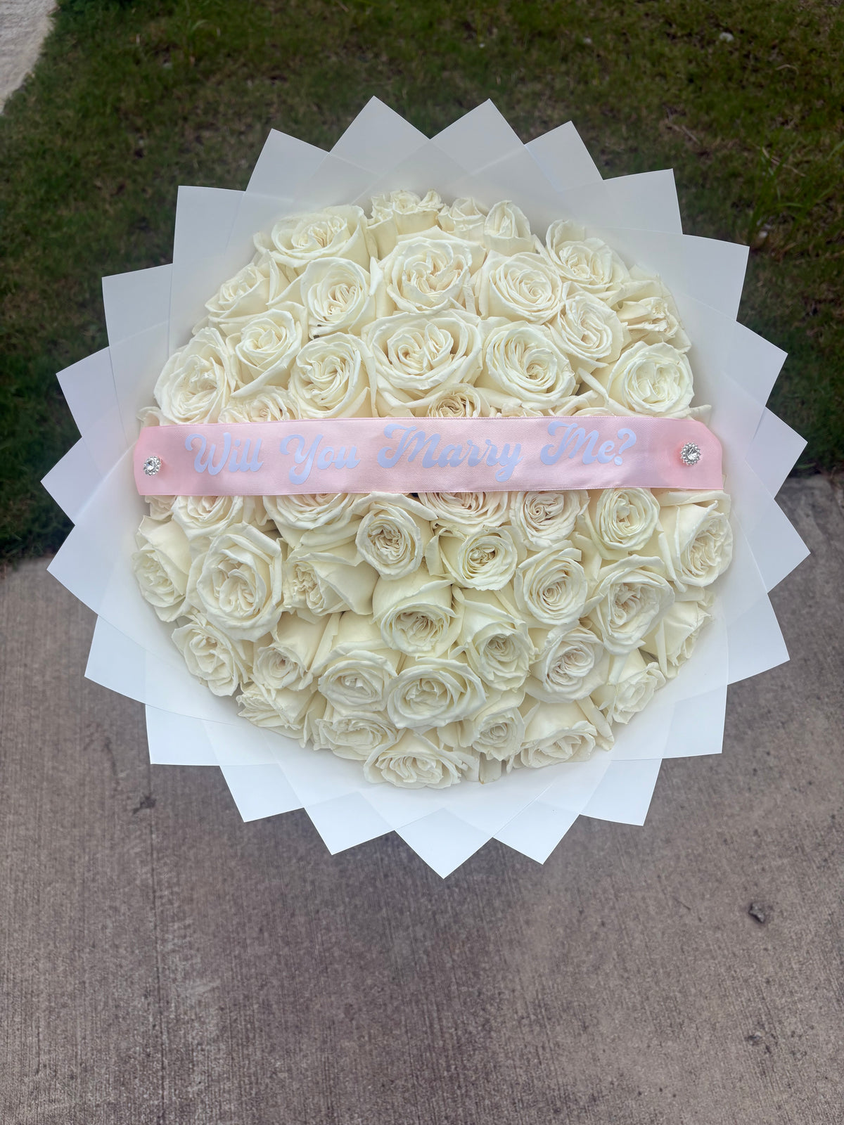 50 Count “MARRY ME” Fresh Rose Bouquet in White